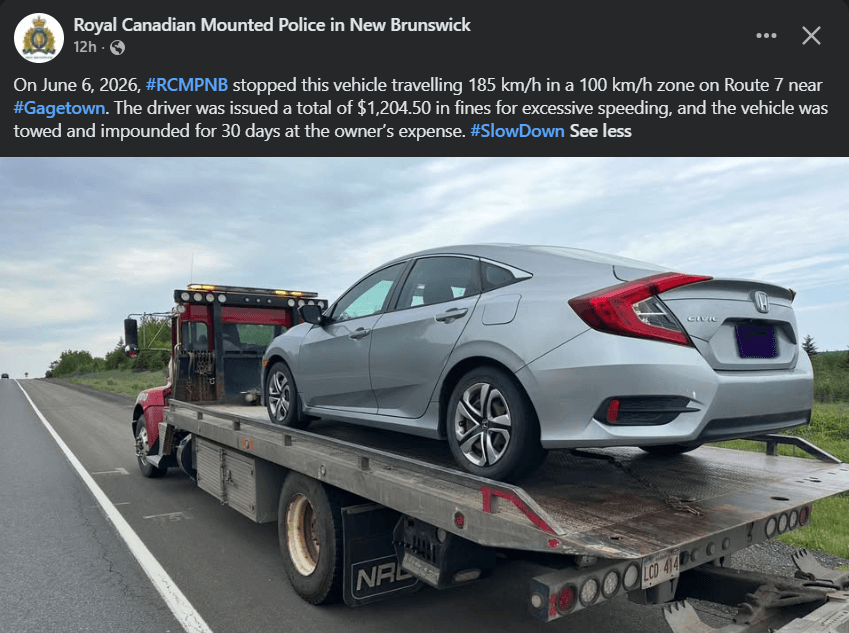 RCMP Route 7 Gagetown vehicle impound photo for the 185 km/h stop